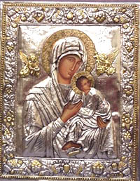A silver plated icon of Our Lady of Perpetual help
